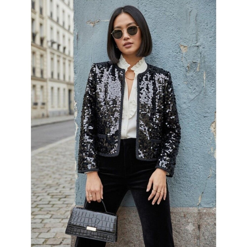 & OTHER STORIES Sequin Party Blazer Black Sequin Open Front Jacket Size S